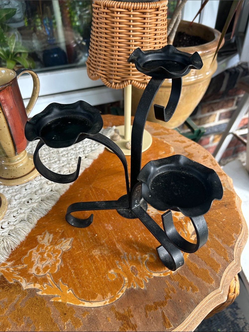 Vintage Black Wrought iron 3-Arm Candle Holder